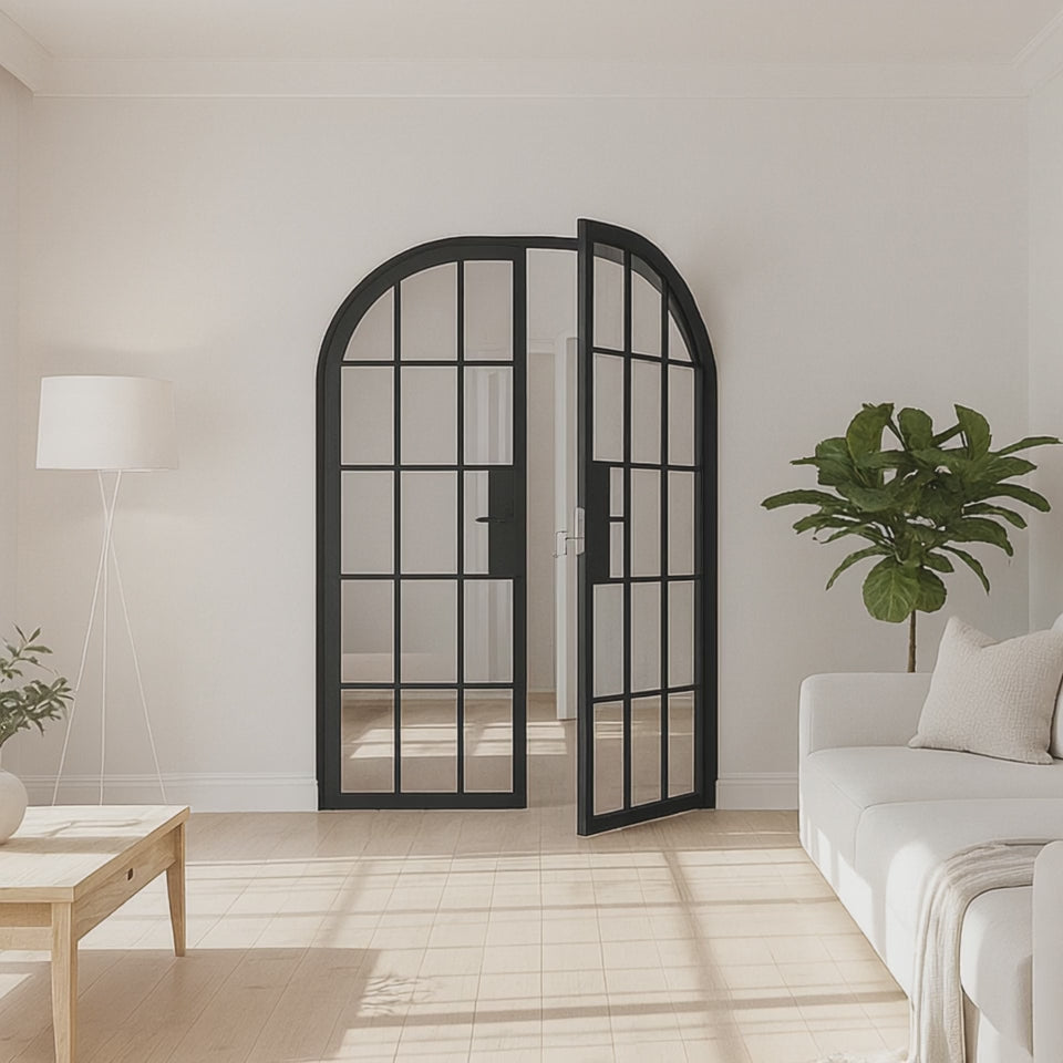 15 Lite Interior Steel Arched Top French Double Door