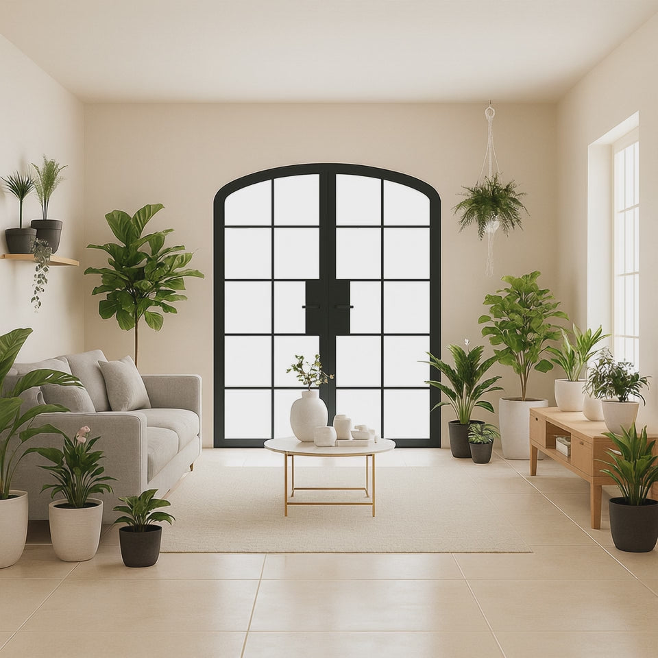 10 Lite Interior Steel Arched Top French Double Door