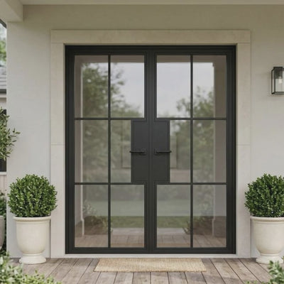 6 Lite Entryway Steel French Double Door - AlpadaDoors - Exterior double swing door