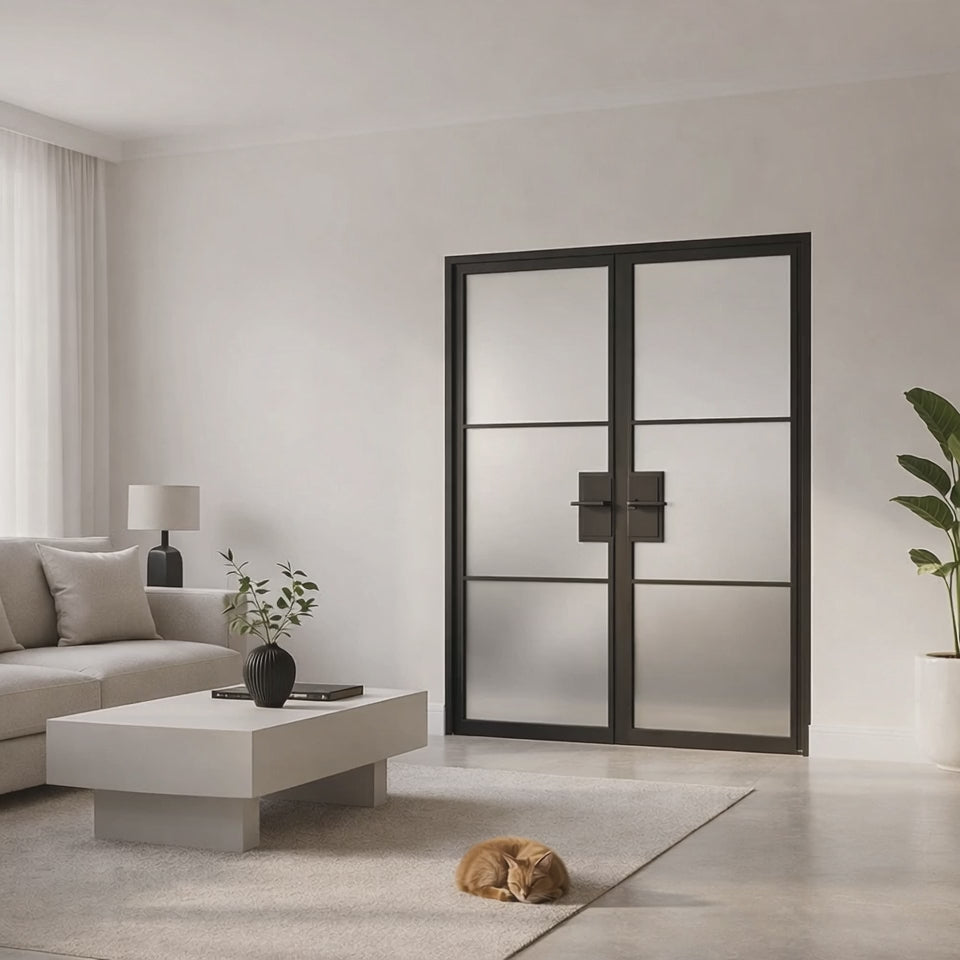 3 Lite Interior Steel French Double Door Frosted Glass