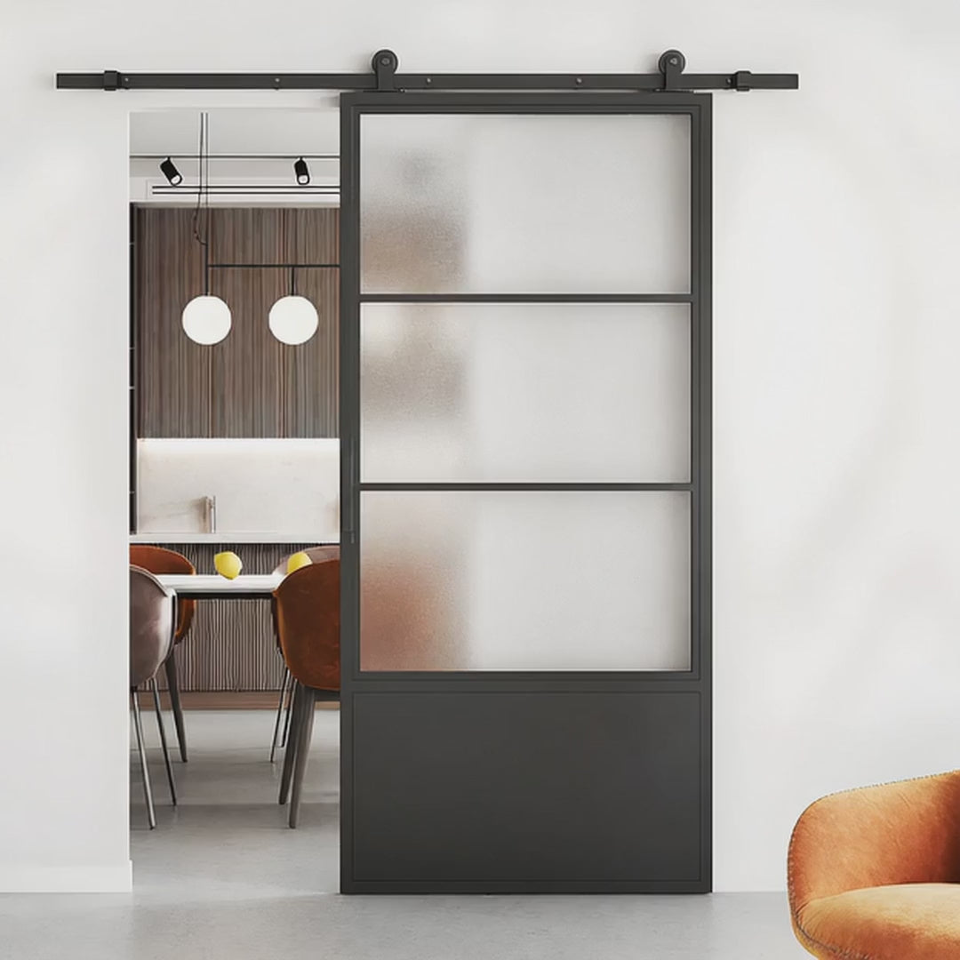 3 Lite Interior Barn Door w/ Steel Panel Frosted Glass