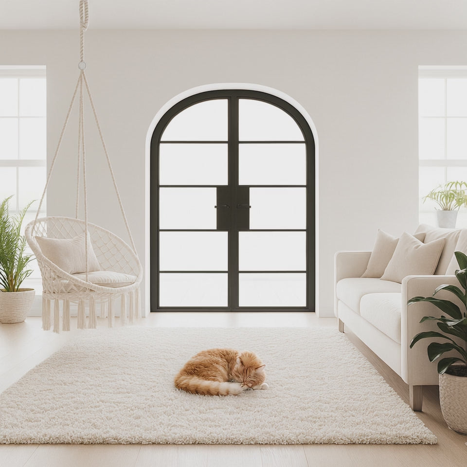 5 Lite Interior Steel Arched Top French Double Door