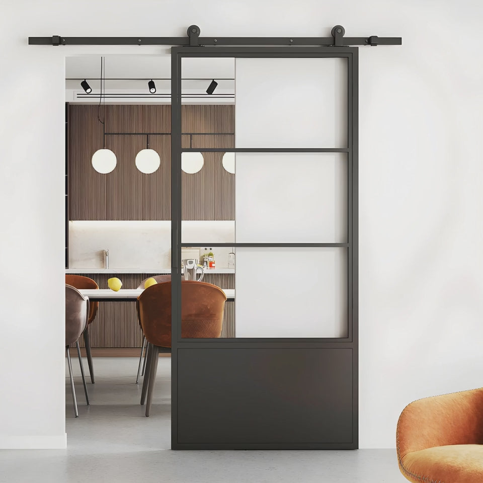 3 Lite Interior Barn Door w/ Steel Panel Frosted Glass