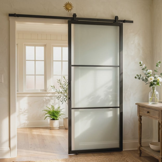 3 Lite Interior Steel French Barn Door Frosted Glass