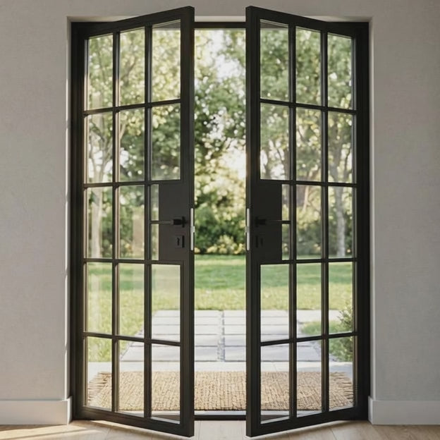 15 Lite Entryway Steel French Double Door - AlpadaDoors - Exterior double swing door