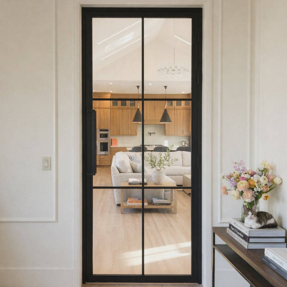 6 Lite Interior Steel French Door - Clear Glass With Tall Pull Handle