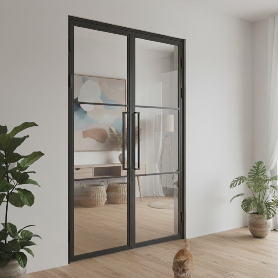 3 Lite Interior Steel French Double Door Clear Glass Tall Pull Handle