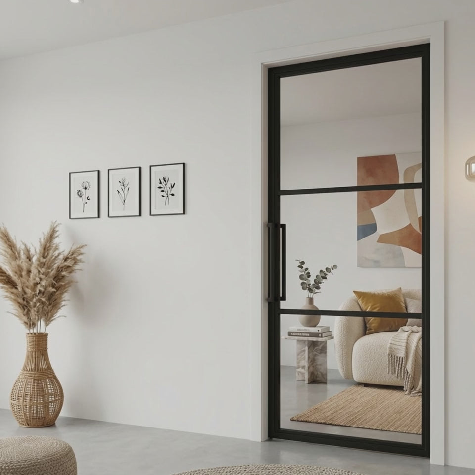 3 Lite Interior Steel French Door - Clear Glass With Tall Pull Handle