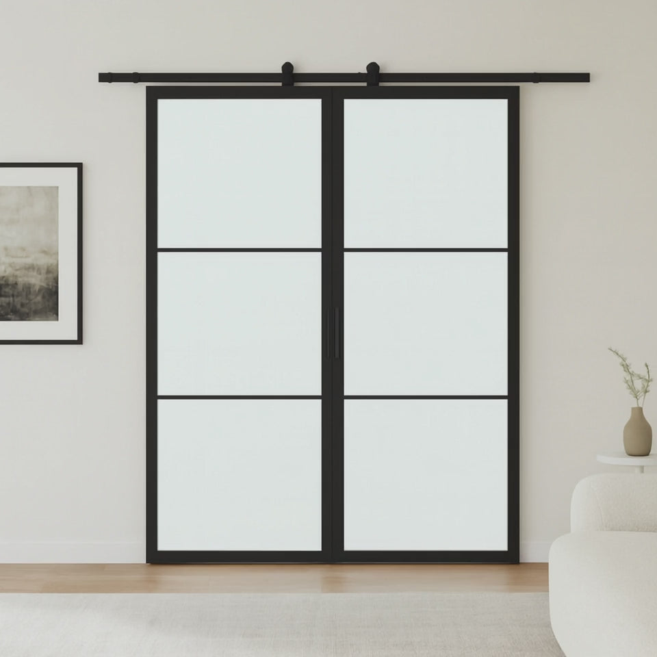 3 Lite Interior Steel French Double Barn Door Frosted Glass